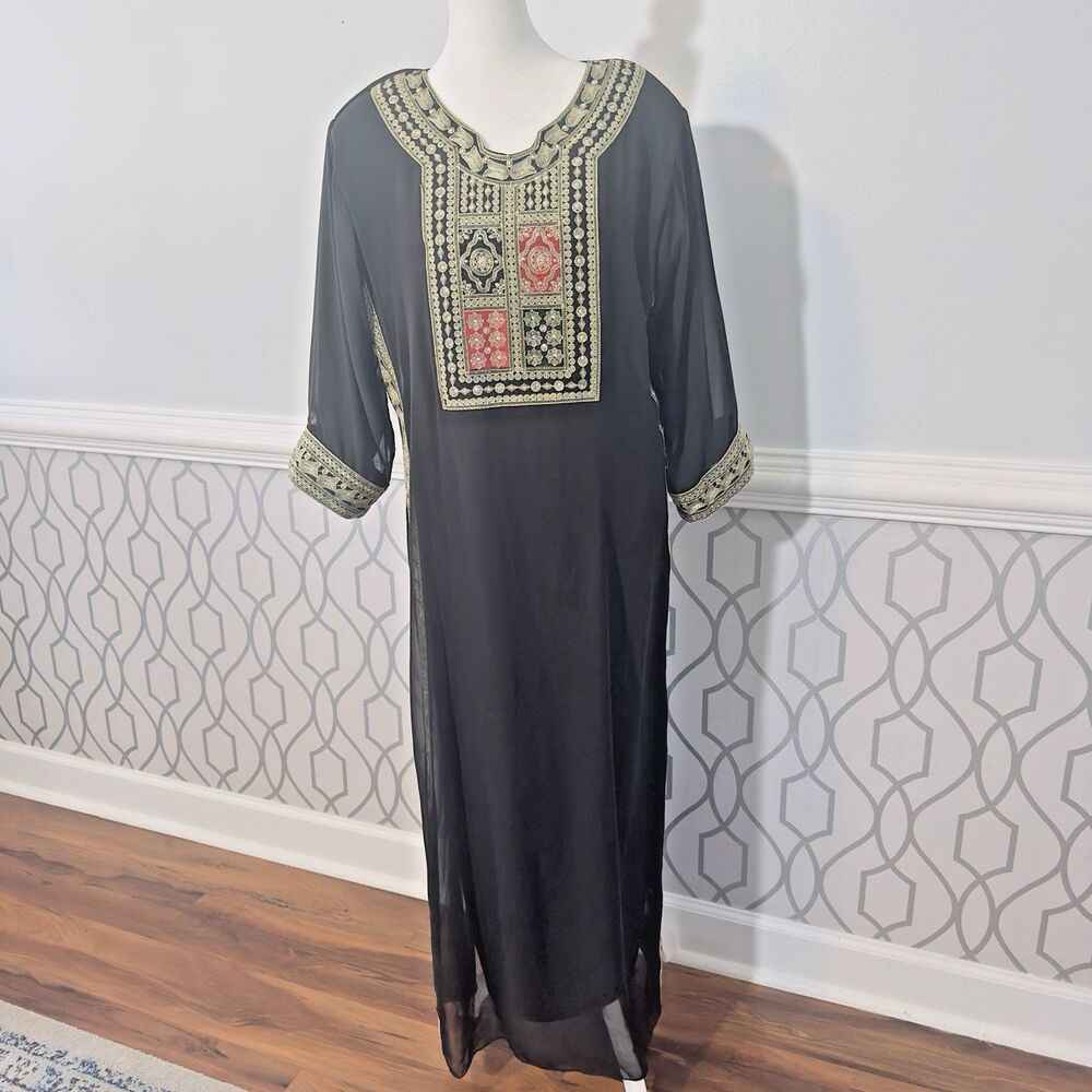 Women's Moroccan Kaftan Dress Embroidered Embellished Black Rhinestone Gold Thre